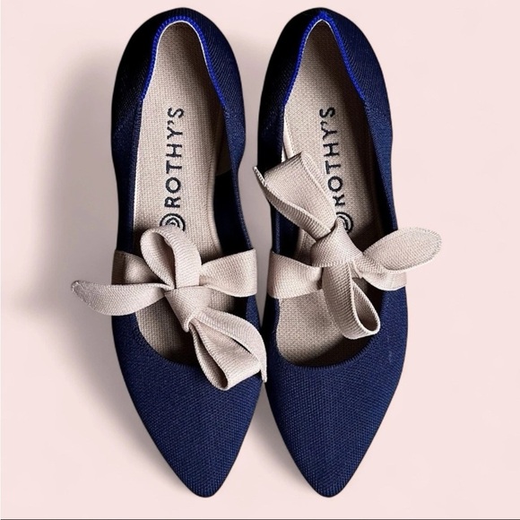 Rothy's Shoes - Rothys Sapphire Blue Pointed Toe Mary Jane Knit Pink Bow Ballet Flats Sz 11.5 EC